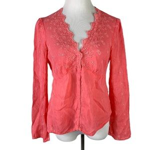 Johnny Was Coral Eyelet Embroidered Blouse Medium